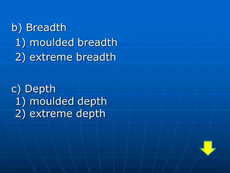 b) Breadth  1) moulded breadth  2) extreme breadth    c)